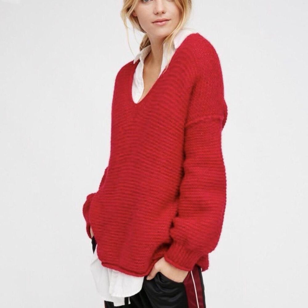 Free People All Mine Sweater Raspberry Red Alpaca Wool Cotton Cozy Oversize XS